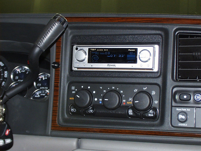 The front of the vehicle features a Pioneer DEX P-9 CD/MP3 Tuner. This was chosen for its cool looks, great performance and ease of use.
