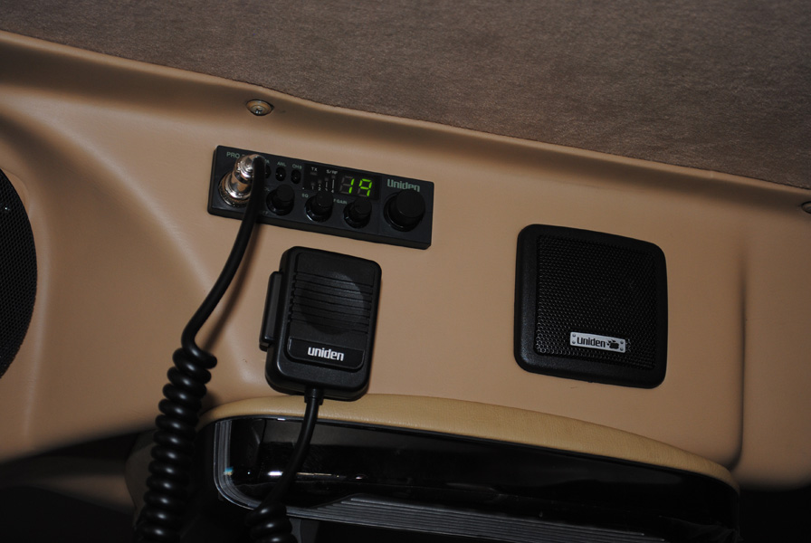 On the left side of the overhead console we installed a Uniden 40ch CB radio along with a PA speaker for the outside.