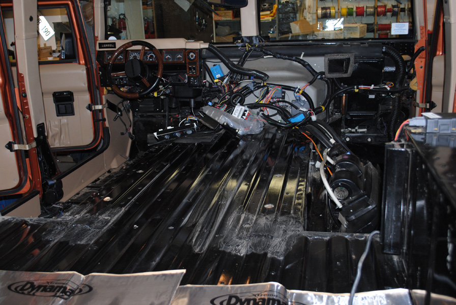 The entire interior was removed for a complete treatment of Dynamat sound deadening as well as to run all necessary wiring.