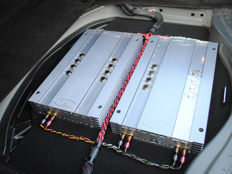 Completely handcrafted in the USA these amps deliver sound that is unbelievably transparent with tons of headroom. The 2 channel is bridged for the four subs while the 4 channel powers the front components with one channel for each driver. Every channel is actively crossed over using the headunit.